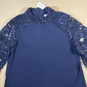 Susan Graver Liquid Knit A-Line Shirt with Lace‎ Sleeves Large Navy New